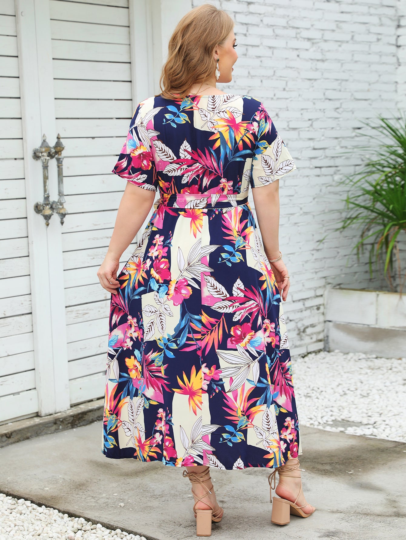 Summer Short Sleeve V Neck Fragmented Flower Dress Super Slim Fit Long Dress Plus Size Women Dress