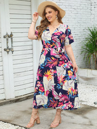 Summer Short Sleeve V Neck Fragmented Flower Dress Super Slim Fit Long Dress Large Women Dress