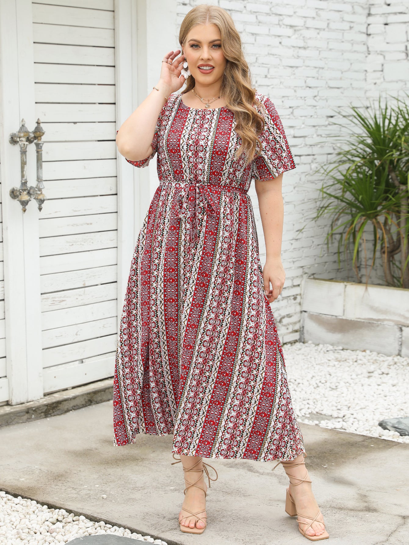 Large Women New Summer Ethnic Stripe Print Round Neck Short Sleeve Dress Elastic Waist Long Dress