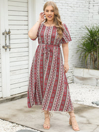 Large Women New Summer Ethnic Stripe Print Round Neck Short Sleeve Dress Elastic Waist Long Dress