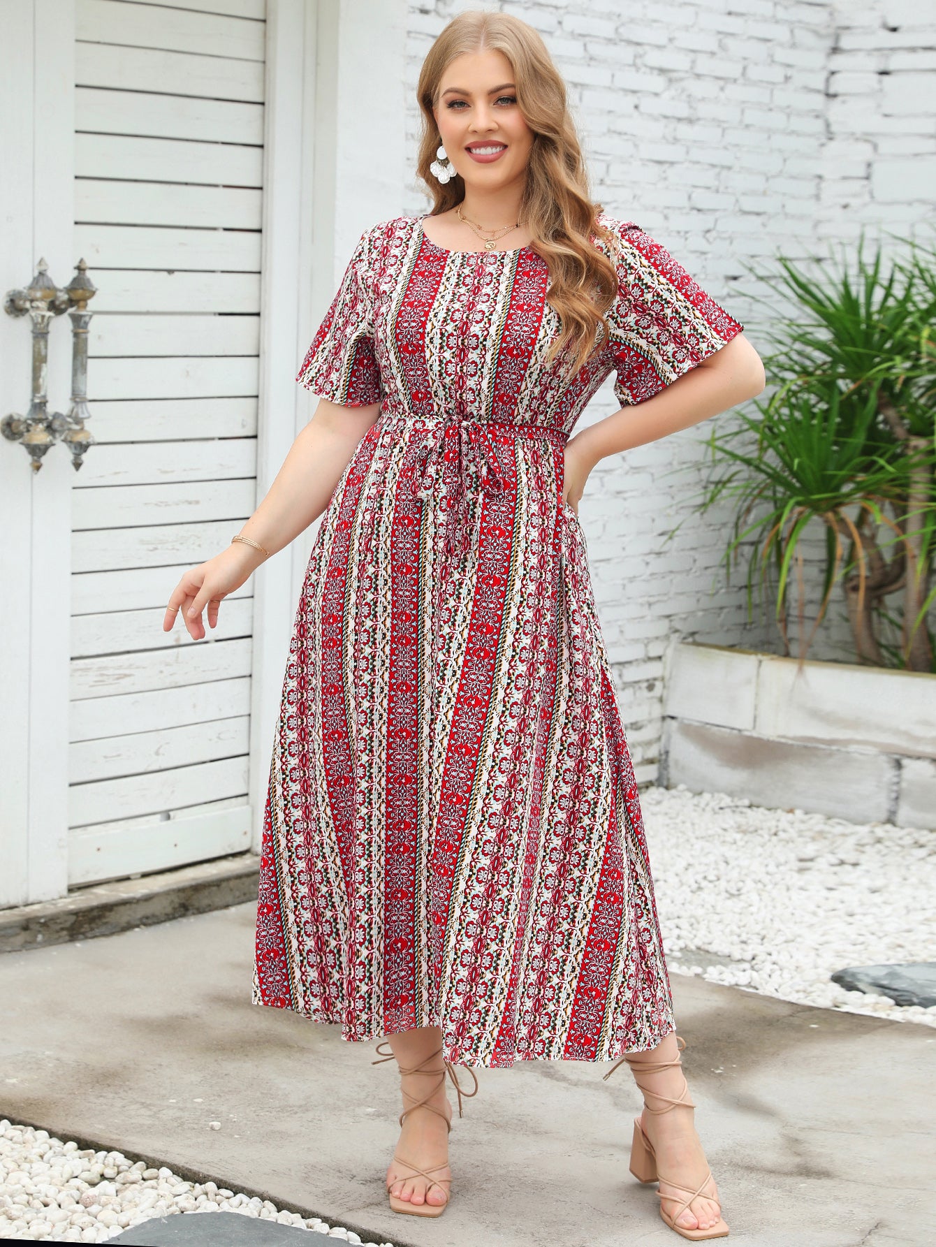 Large Women New Summer Ethnic Stripe Print Round Neck Short Sleeve Dress Elastic Waist Long Dress
