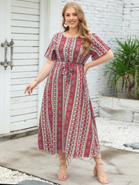 Large Women New Summer Ethnic Stripe Print Round Neck Short Sleeve Dress Elastic Waist Long Dress