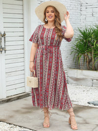 Large Women New Summer Ethnic Stripe Print Round Neck Short Sleeve Dress Elastic Waist Long Dress