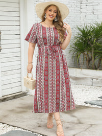 Large Women New Summer Ethnic Stripe Print Round Neck Short Sleeve Dress Elastic Waist Long Dress