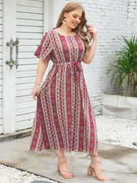 Large Women New Summer Ethnic Stripe Print Round Neck Short Sleeve Dress Elastic Waist Long Dress