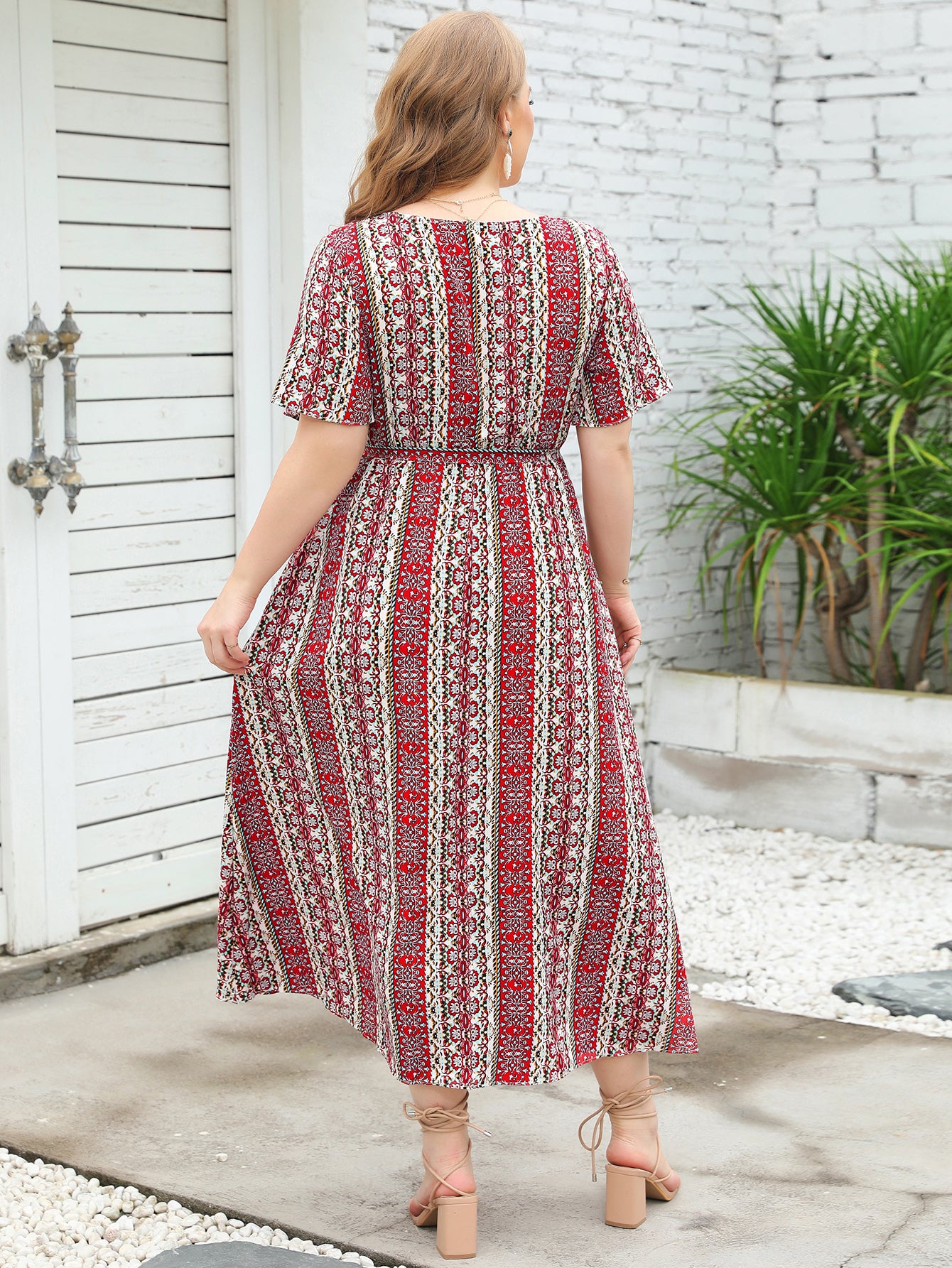 Large Women New Summer Ethnic Stripe Print Round Neck Short Sleeve Dress Elastic Waist Long Dress