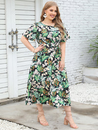 New Summer Round Neck Short Sleeve Colorful Dress Elastic Waist Long Dress Large Women Wear