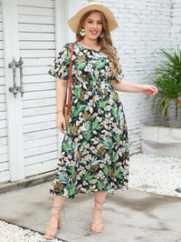 New Summer Round Neck Short Sleeve Colorful Dress Elastic Waist Long Dress Large Women Wear