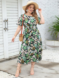 New Summer Round Neck Short Sleeve Colorful Dress Elastic Waist Long Dress Large Women Wear
