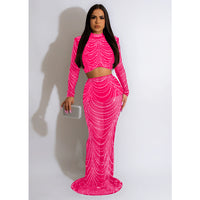 Women Wear Solid Color Mesh Drilling Long Sleeve Dress Two Piece Set