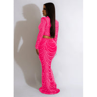 Women Wear Solid Color Mesh Drilling Long Sleeve Dress Two Piece Set