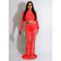 Women Wear Solid Color Mesh Drilling Long Sleeve Dress Two Piece Set