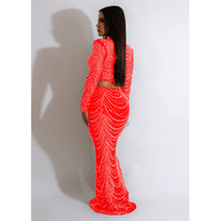 Women Wear Solid Color Mesh Drilling Long Sleeve Dress Two Piece Set