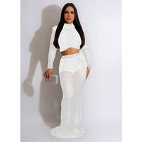 Women Wear Solid Color Mesh Drilling Long Sleeve Dress Two Piece Set