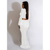 Women Wear Solid Color Mesh Drilling Long Sleeve Dress Two Piece Set