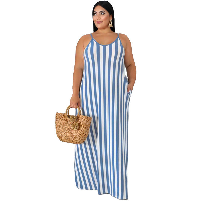 Plus Size Women Striped Loose Strap Dress with Belt Summer