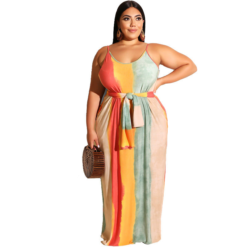 Plus Size Women Striped Loose Strap Dress with Belt Summer