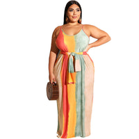 Plus Size Women Striped Loose Strap Dress with Belt Summer