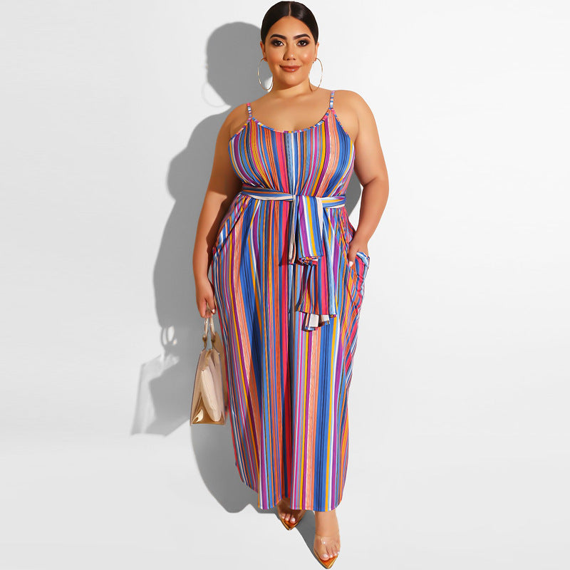 Plus Size Women Striped Loose Strap Dress with Belt Summer