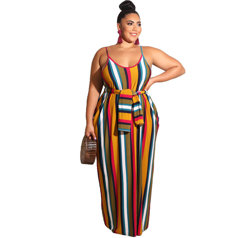 Plus Size Women Striped Loose Strap Dress with Belt Summer