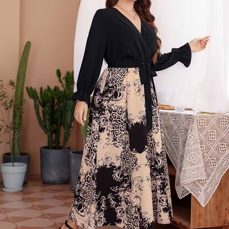 Plus Size Maxi Dress Pullover Elastic Waistband Lace up Chiffon Printed Sexy V neck Dress Women