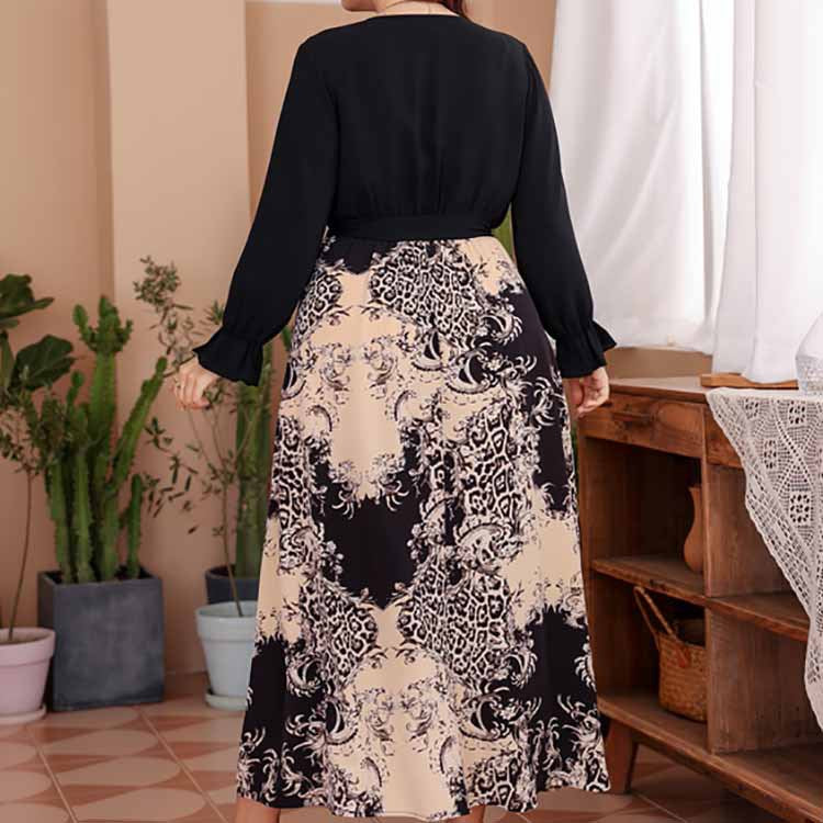 Plus Size Maxi Dress Pullover Elastic Waistband Lace up Chiffon Printed Sexy V neck Dress Women
