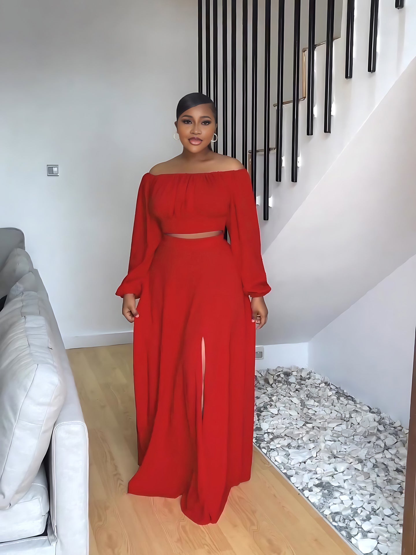 off the Shoulder Short Top High Waist Half Split Dress Set Spring Autumn Two Piece Set