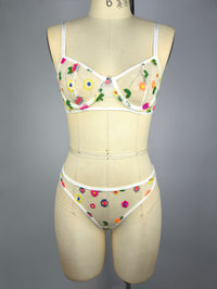 Fresh Bra Panties Two Piece Set Embroidered Mesh Steel Ring Gathered Three Point Sexy Lingerie