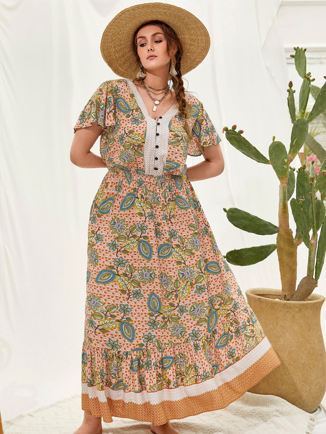 Plus Size Women Printed V neck Stitching Bohemian Holiday Dress