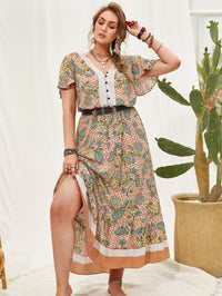 Plus Size Women Printed V neck Stitching Bohemian Holiday Dress