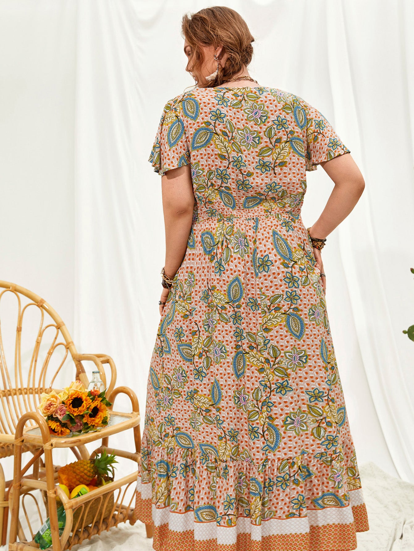 Plus Size Women Printed V neck Stitching Bohemian Holiday Dress