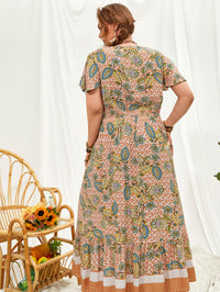 Plus Size Women Printed V neck Stitching Bohemian Holiday Dress