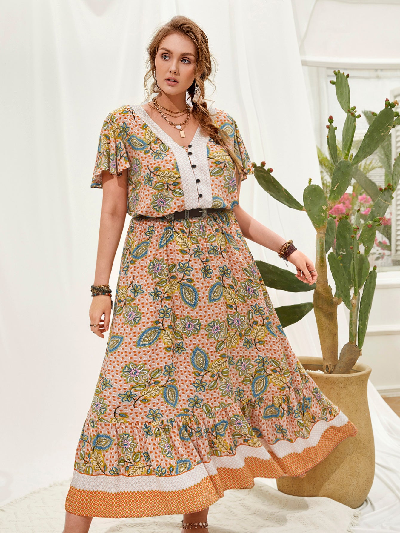 Plus Size Women Printed V neck Stitching Bohemian Holiday Dress