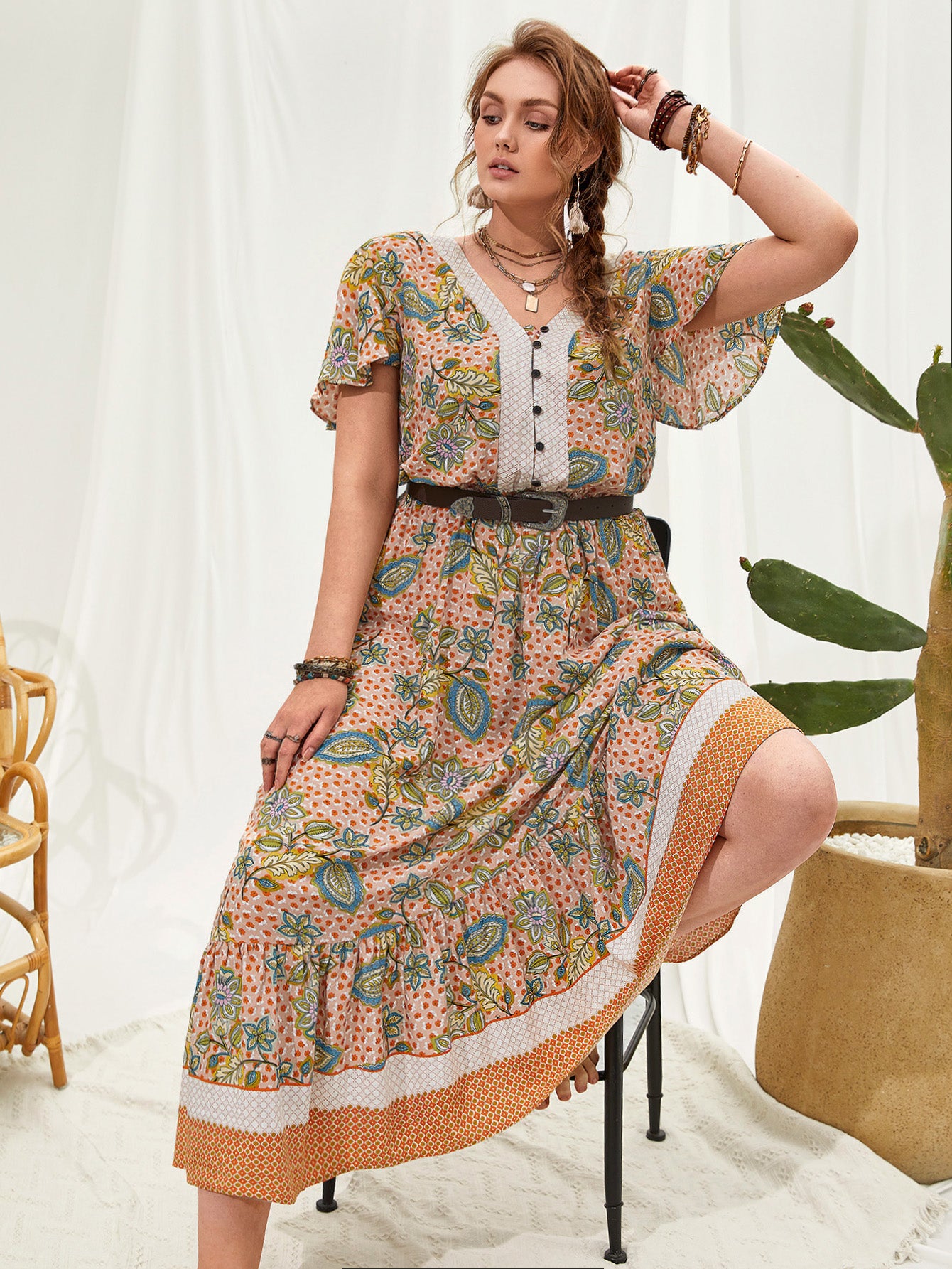 Plus Size Women Printed V neck Stitching Bohemian Holiday Dress