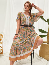 Plus Size Women Printed V neck Stitching Bohemian Holiday Dress