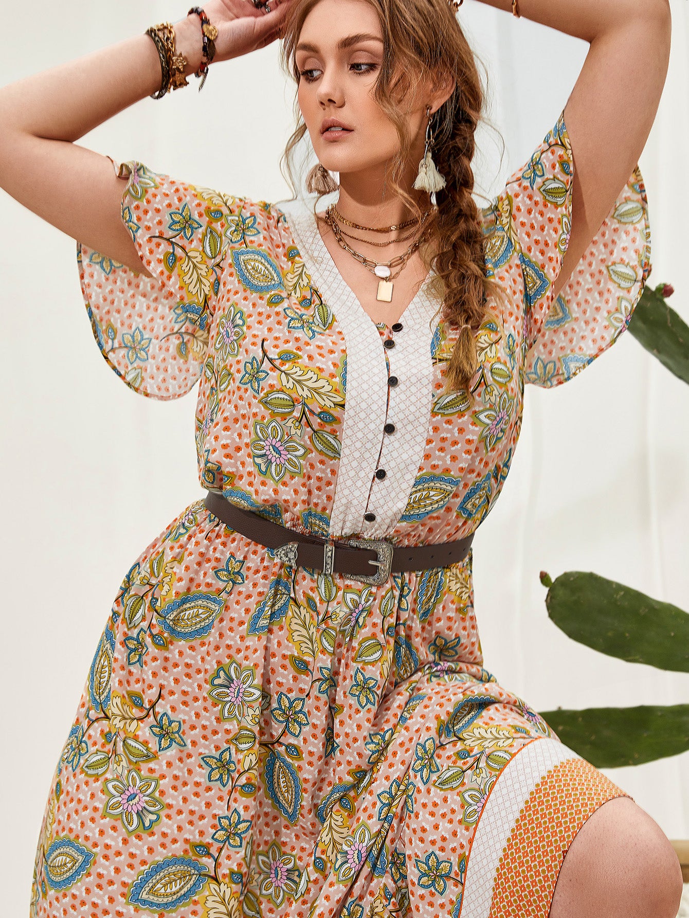 Plus Size Women Printed V neck Stitching Bohemian Holiday Dress