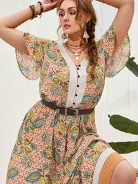 Plus Size Women Printed V neck Stitching Bohemian Holiday Dress