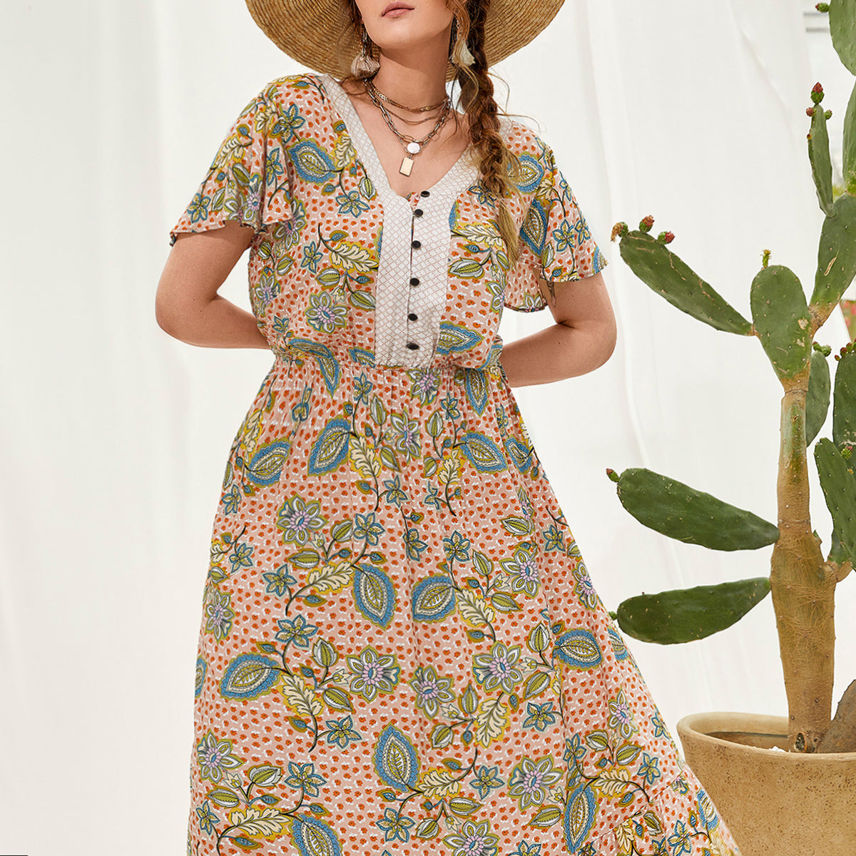 Plus Size Women Printed V neck Stitching Bohemian Holiday Dress