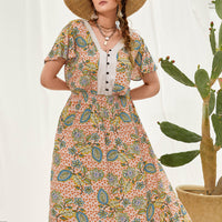 Plus Size Women Printed V neck Stitching Bohemian Holiday Dress