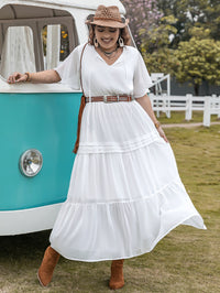 Plus Size Elegant Princess Pure White Loose Waist Woven V Neck Holiday Girls Dress
