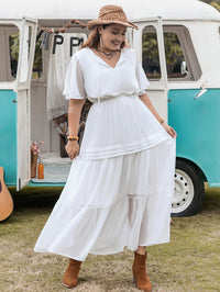 Plus Size Elegant Princess Pure White Loose Waist Woven V Neck Holiday Girls Dress
