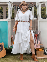 Plus Size Elegant Princess Pure White Loose Waist Woven V Neck Holiday Girls Dress