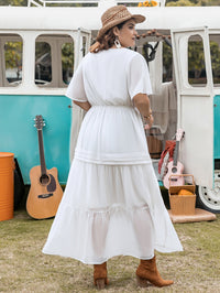 Plus Size Elegant Princess Pure White Loose Waist Woven V Neck Holiday Girls Dress