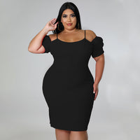 Plus Size Women Clothing Sexy Solid Color Sling Backless Off Shoulder Oversleeves Dress