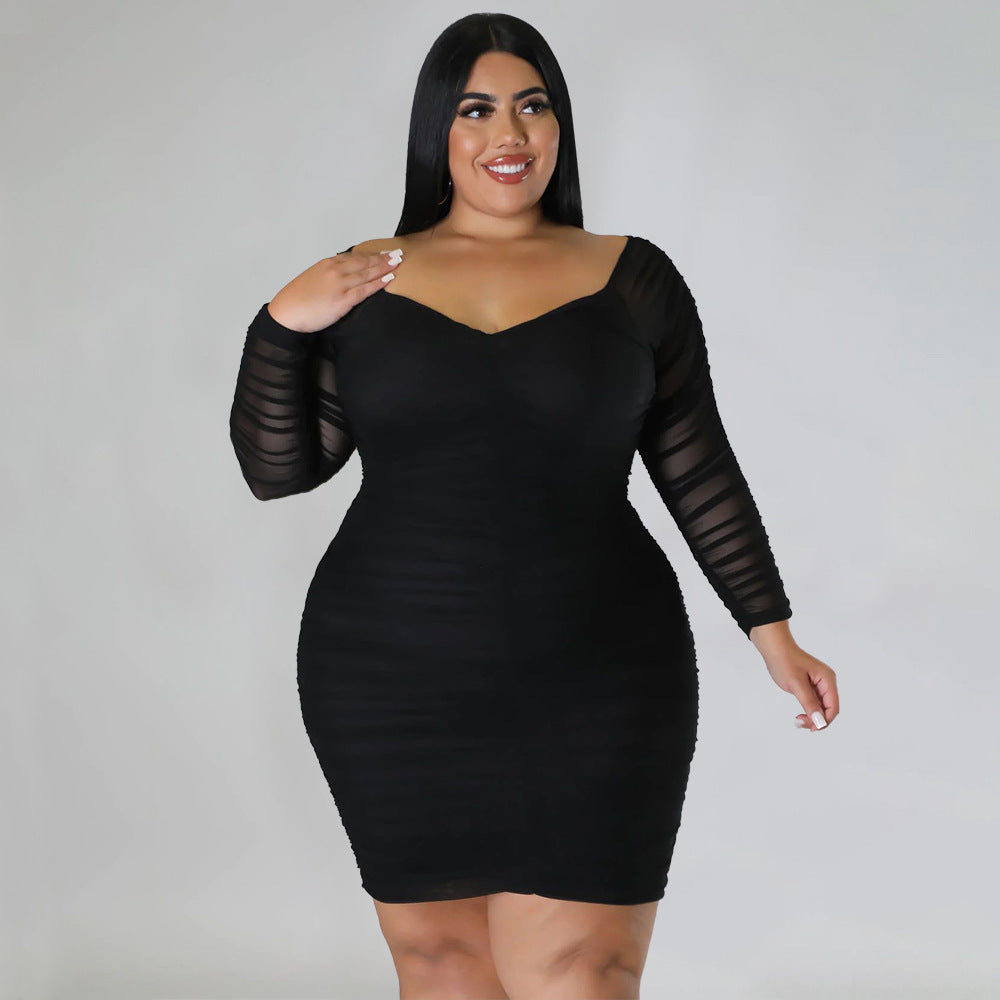 Plus Size Autumn Women Dress Wrapped Chest Stitching Mesh Sleeves Night Club Sexy Sheath