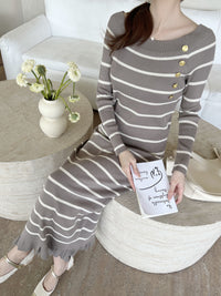 Women Striped Knitted One Shoulder Skirt Two Piece Set