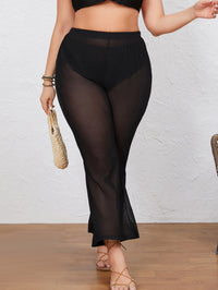 Plus Size Women Trousers Pure Black Casual Pants Loose See through Thin Mesh Bell Bottom Pants