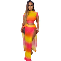 Sexy Printed Short Sleeve Gradient Contrast Split Skirt Two Piece Set