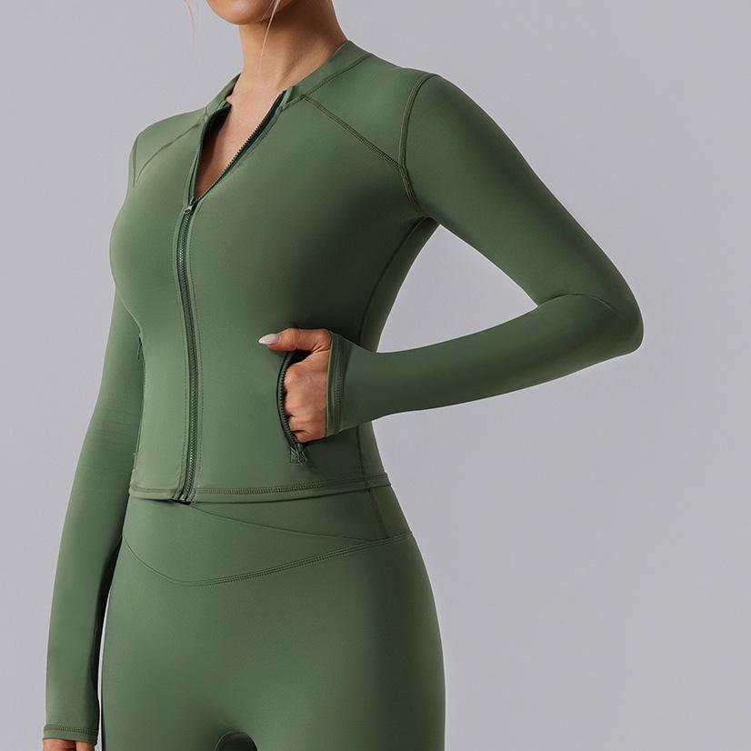 Autumn High Elastic Gym Sports Top Women Long Sleeve Slim Fit Zipper Cardigan Skinny Running Yoga Clothes Coat