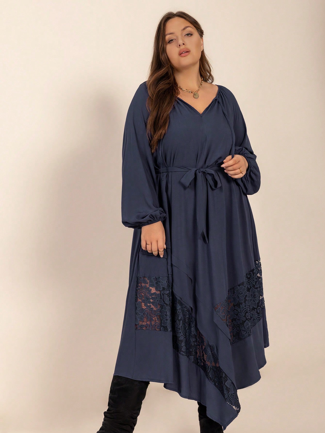Plus Size Women Solid Color Autumn Winter Long Sleeve Dress